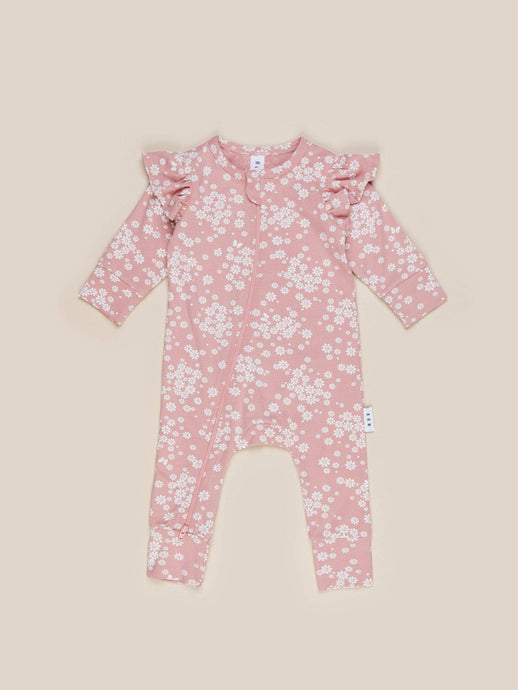 Huxbaby - Organic Floral Frill Zip Romper - Dusty Rose