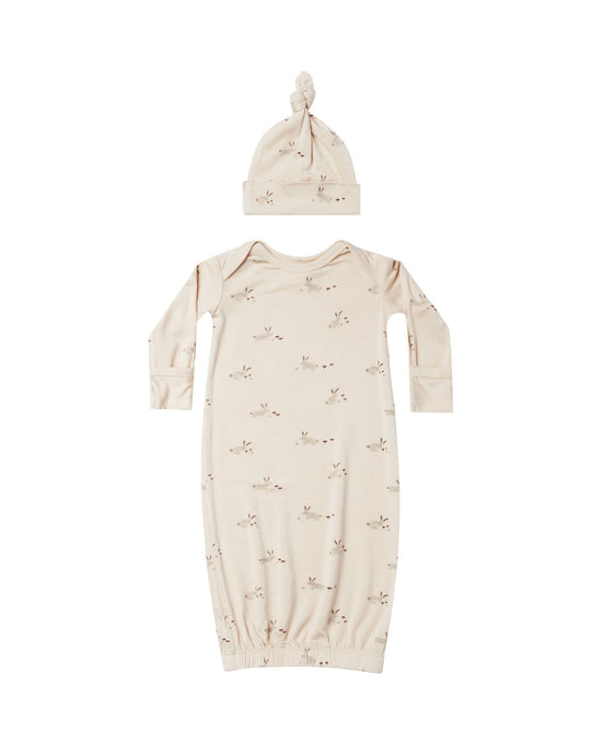 Quincy Mae - Bunnies Bamboo Baby Gown + Hat - Natural