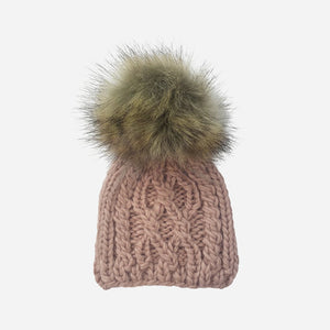The Blueberry Hill - Cable Knit Hat with Fur Pom - Blush