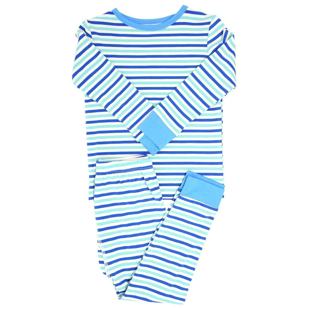 Sweet Bamboo - Big Kid Pj's Long Sleeve Top/Long Bottom - Blue & Aqua Stripe