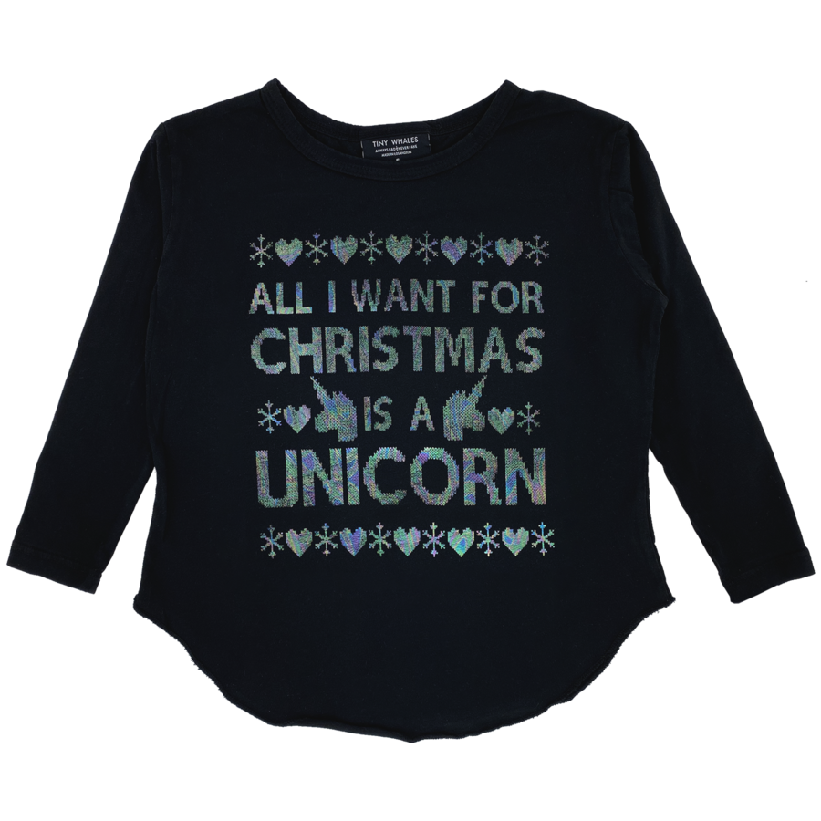 Tiny Whales - Christmas Unicorn Long Sleeve Tee - Black