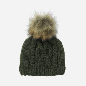 Cable Knit Hat with Fur Pom - Rifle Green