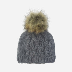 The Blueberry Hill - Cable Knit Hat with Fur Pom - Zinc