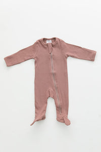 Mebie Baby - Dusty Rose Organic Cotton Ribbed Footed Zipper One-Piece