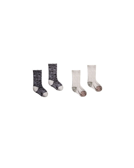 Rylee + Cru - Color Block Chunky Knit Socks Set 2 Pk - Stone/Black