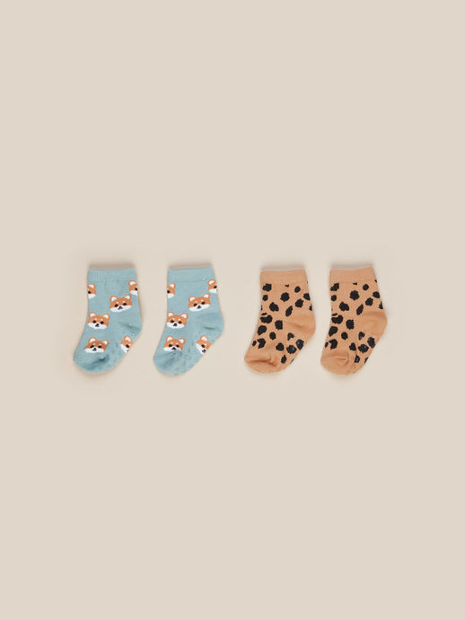 Huxbaby - Organic Shiba/Animal 2Pk Socks - Surf/Toast