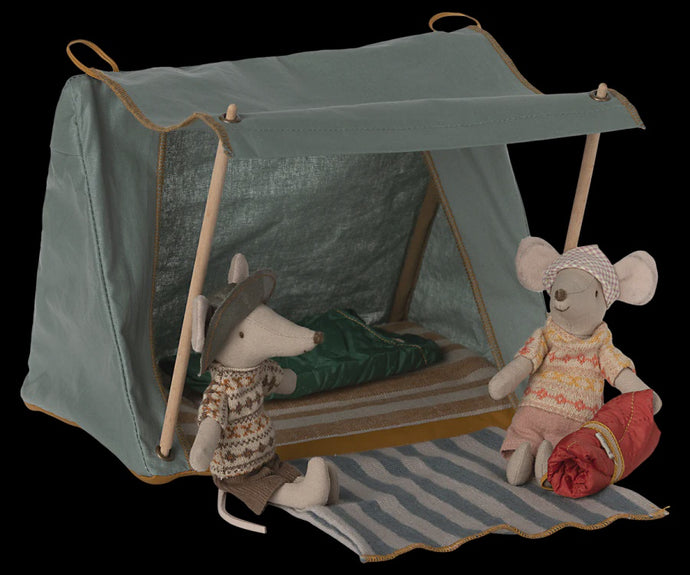 Maileg - Happy Camper Tent, Mouse (Blue Stripe Blanket)