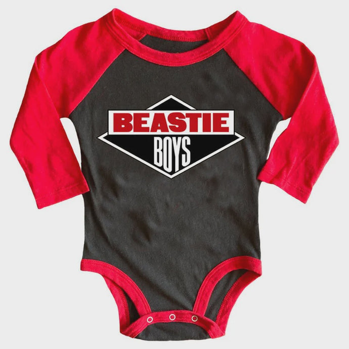 rowdy sprout - Beastie Boys Recycled Raglan Onesie - Off Black / Red