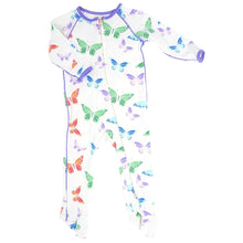 Load image into Gallery viewer, Piped Zipper Footie - Rainbow Butterflies