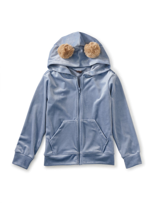 Tea Collection - Pom Ear Velour Hoodie - Blue Fog