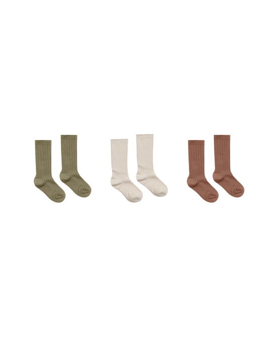 Solid Ribbed Socks 3 Pk - Olive/Stone/Wine