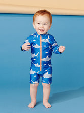 Load image into Gallery viewer, Tea Collection - Rash Guard Baby Swimsuit - Great White Sharks in Blue