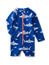 Load image into Gallery viewer, Tea Collection - Rash Guard Baby Swimsuit - Great White Sharks in Blue