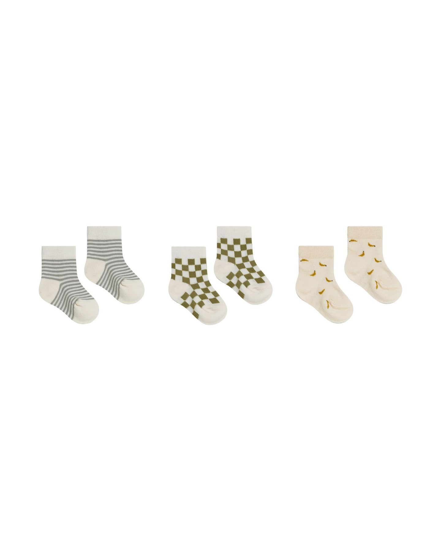 Rylee + Cru - Printed Socks 3-Pk - Pool Stripe/Olive Check/Bananas