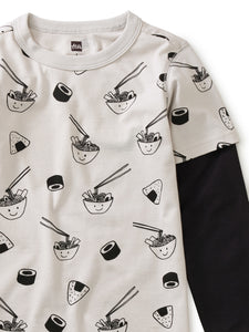 Tea Collection - Layered Sleeve Printed Tee - Sushi & Ramen In Grey