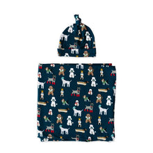 Load image into Gallery viewer, Little Sleepies - Puppy Love (White Trim) Swaddle &amp; Hat Gift Set