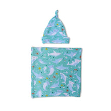 Load image into Gallery viewer, Little Sleepies - Shark Soiree Bamboo Viscose Swaddle + Hat Set