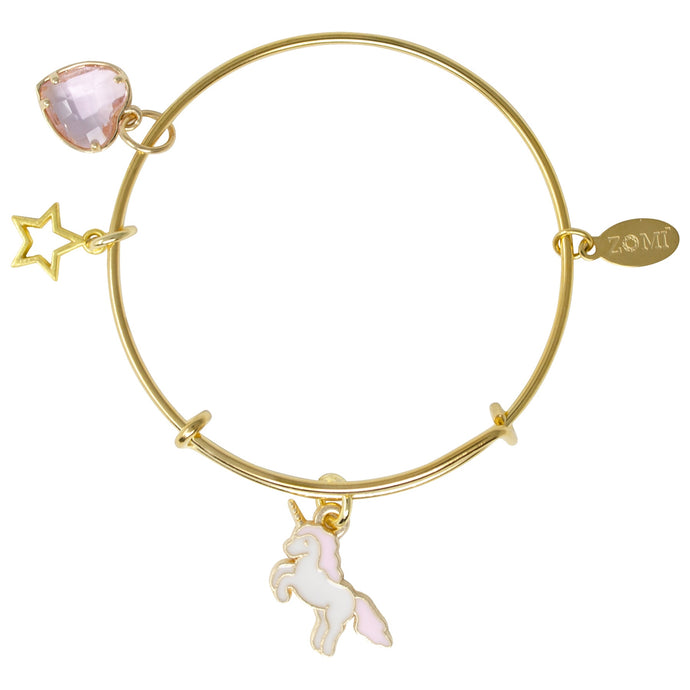 Zomi Gems - Flying Unicorn & Heart Gold Bangle Bracelet
