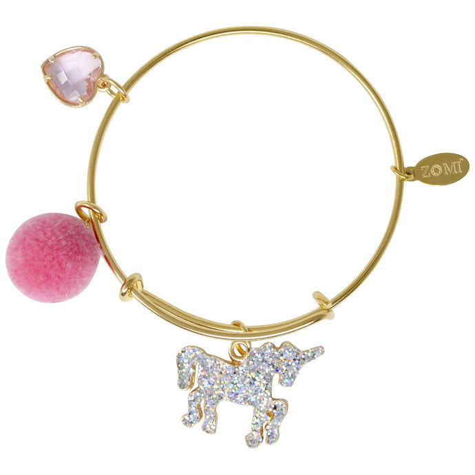 Zomi Gems - Sparkly Unicorn & Heart Gold Bangle Bracelet
