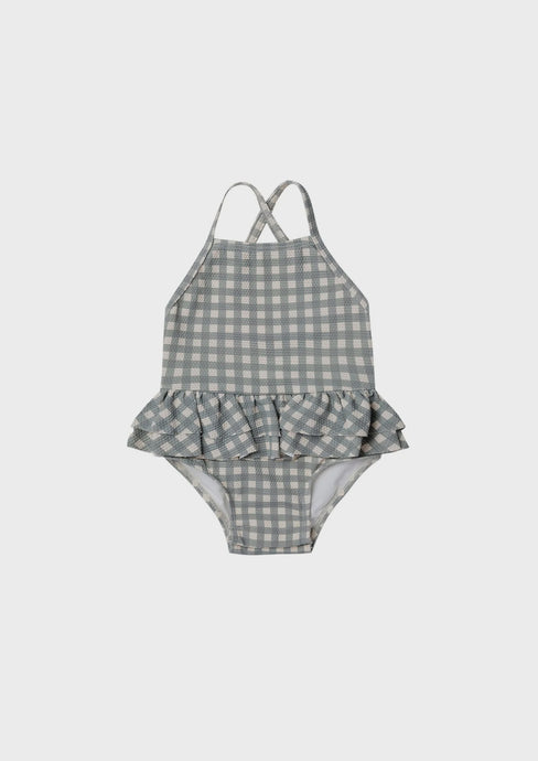 Ruffled One Piece Swimsuit - Sea Green Gingham